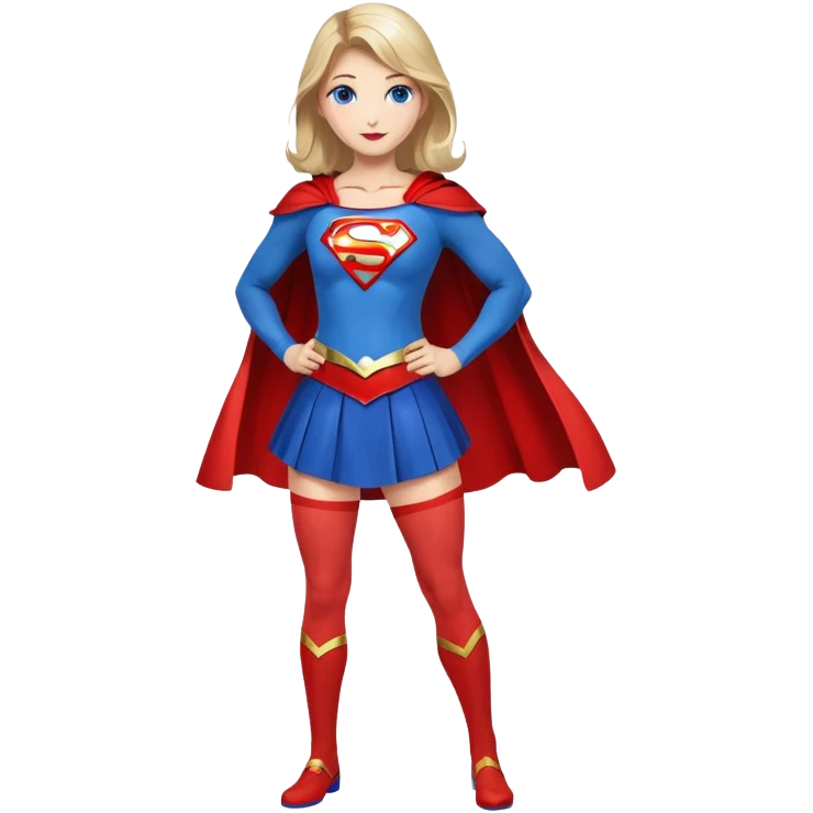 Supergirl superhero full body, blue tights with red skirt, red cape and S emblem on chest emoji