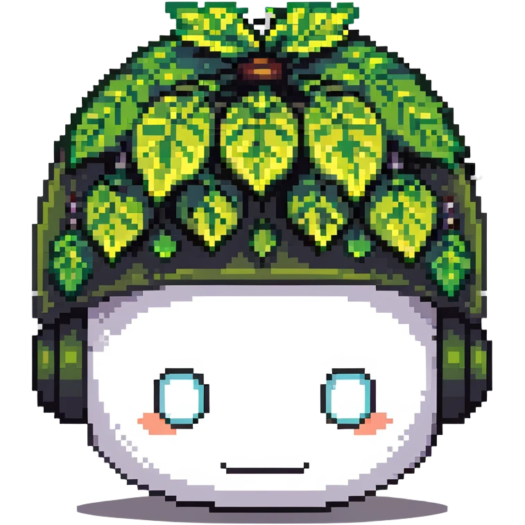Green bomberman head only, round helmet with leaf-like antenna, cute white face, friendly eyes, pixel art style emoji