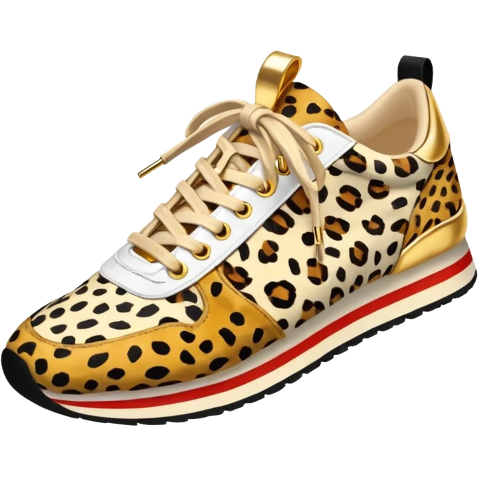 Realistic, isolated, side view, womens trendy cheetah print sneaker, with gold elements, undone laces, ultra detailed shoe emoji