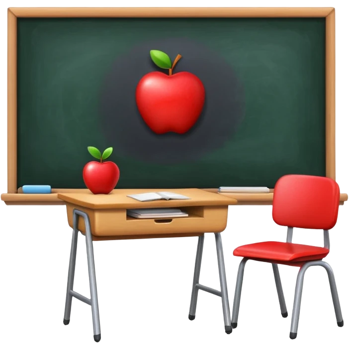 simple classroom interior with one desk and one chair, blackboard, window, apple style emoji emoji