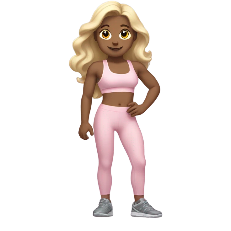 White woman, pale woman, long hair, blonde hair, wavy hair, baby pink sports bra, baby pink leggings, flexing right arm emoji