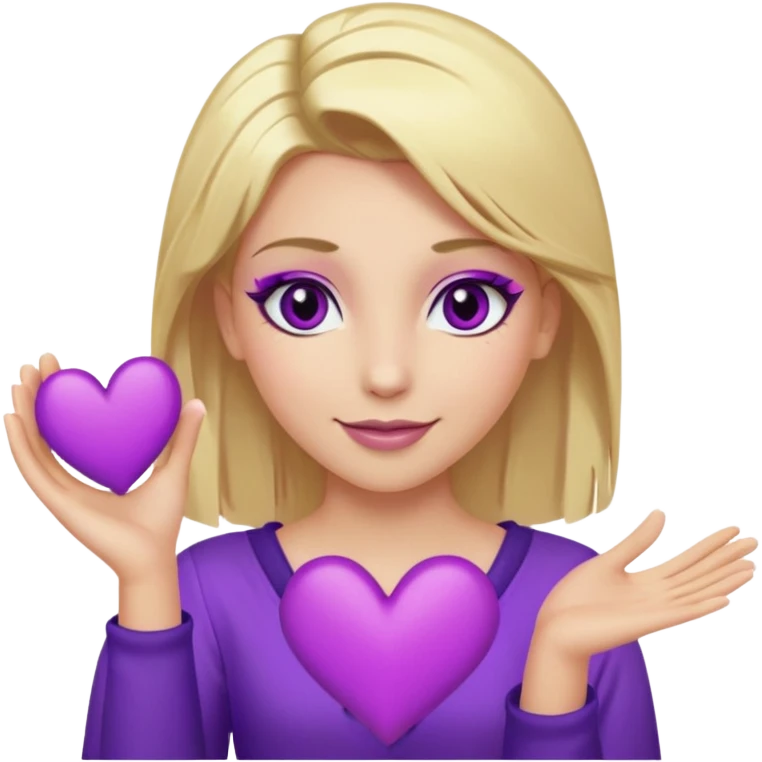 twitch emote, kinda chibi style. blonde hair: long, straight, no bangs. gray eyes. an eyebrow with a slit. purple eyeshadow/eyeliner with gold eyeshadow. only face and arms, hands visible. happy, holding a purple heart. white background. emoji
