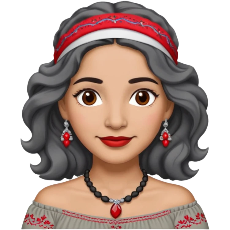 Latina woman, about 50, light brown skin, round face, wavy shoulder-length black and gray hair, red/white headband, medium eyes, thin eyebrows, subtle smile, gray peasant blouse, embroidery, bare shoulders, big dark necklace emoji