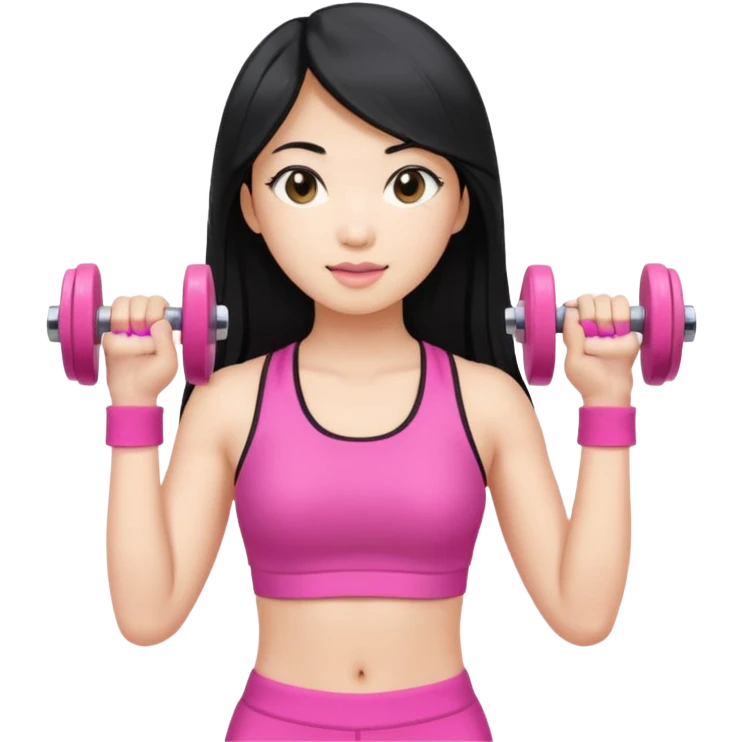 An Asian lady with long hair, blonde highlights, in a pink gym outfit, holding a pink dumbell emoji