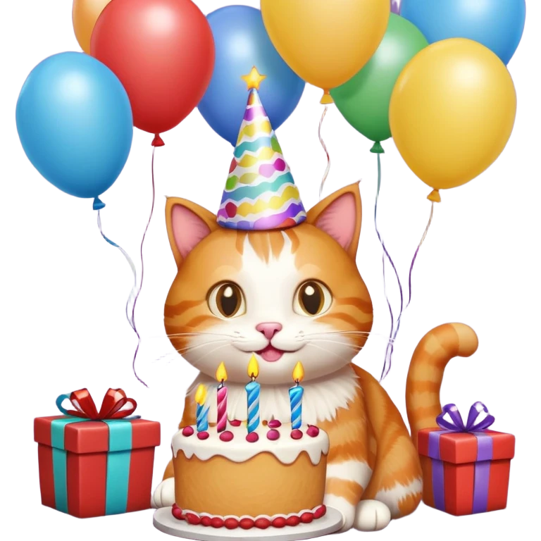 Ginger cat celebrates birthday, birthday hat, birthday cake, balloons, happy, gifts emoji