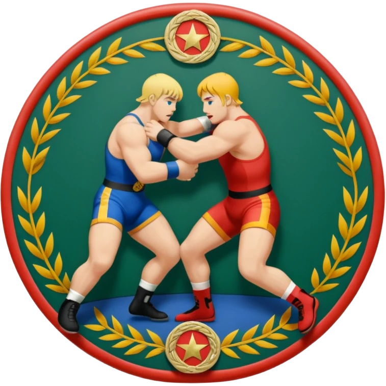 An icon symbolizing wrestling combat sports in the style of an emblem. The design features two wrestlers locked in a powerful grapple, one attempting to take the other down. Surrounding the scene are stylized elements like a championship belt, wrestling mat, and a laurel wreath. emoji