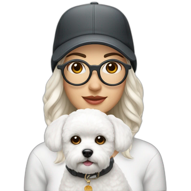 mujer piel blanca con gorro en la cabeza gafas y un perro bichon maltés blanco emoji