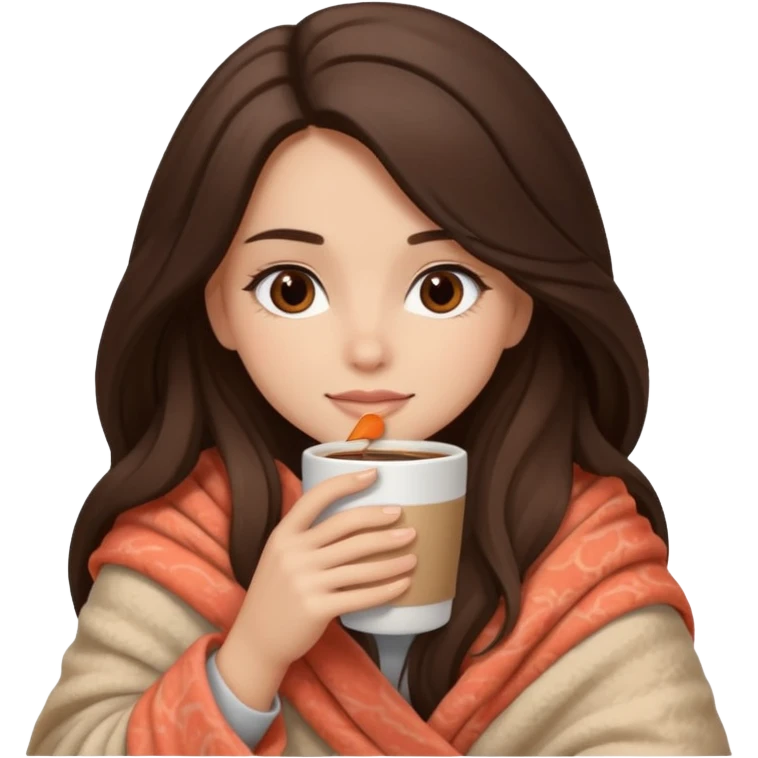 Девушка брюнетка с длинными волосами, костями глазами укутана в пушистый плед бежевого цвета и пьет кофе. Картинка должна были в цветах: бежевый, коралловый и коричневый emoji