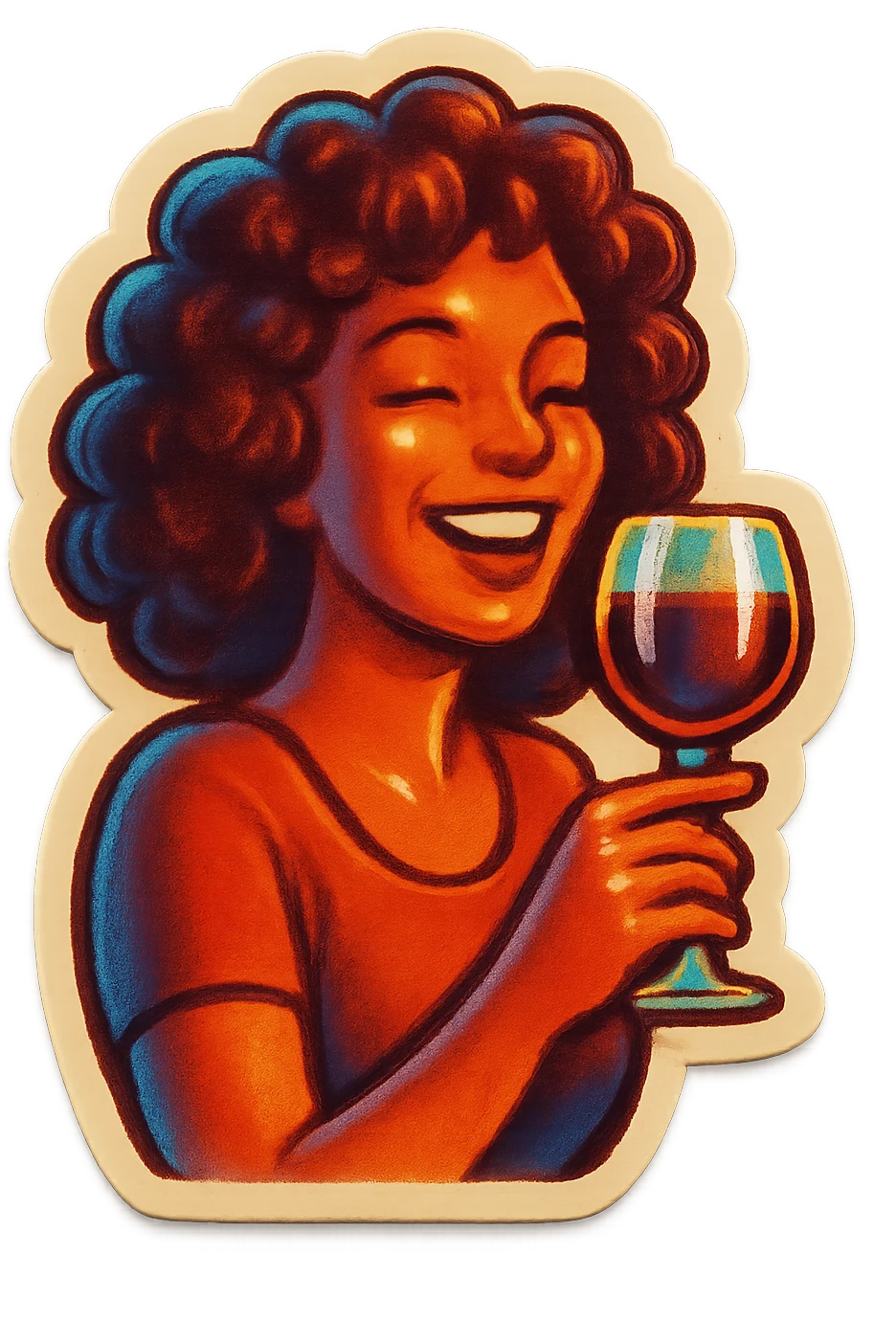 A woman with curly hair holding a glass of wine emoji