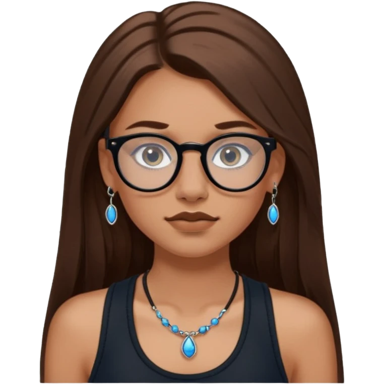 White girl with long brown hair, part going more to the RIGHT side, BLUE eyes, wearing BLACK plastic frame glasses. SEPTUM nose piercing hoop (at bottom of nose) AND stud nose piercing on right side of nose. Wearing BLACK tank top. No other jewelry emoji
