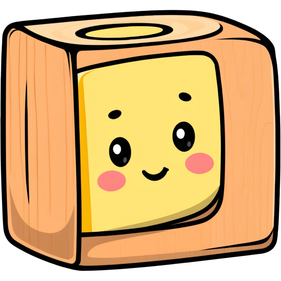 A cartoon wooden alphabet block with letter C and a cute face with rosy cheeks emoji