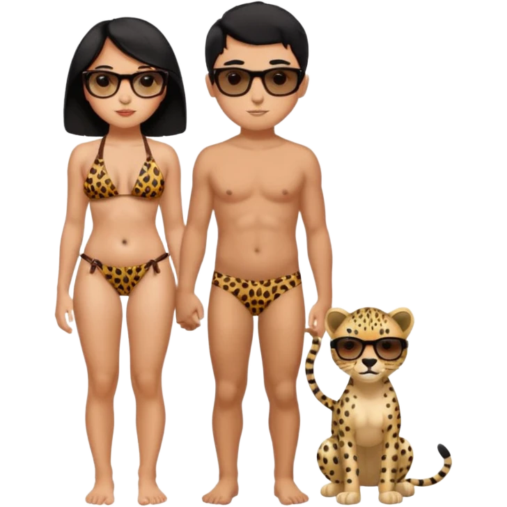 black haired girl with big boobs with shades on... wearing a cheetah print bikini standing with a boy with black hair wearing glasses and shirt less emoji