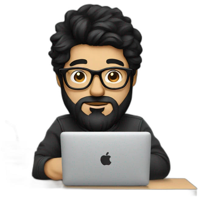 Designer with black hair, beard and glasses working with MacBook and drinking cappuccino  emoji