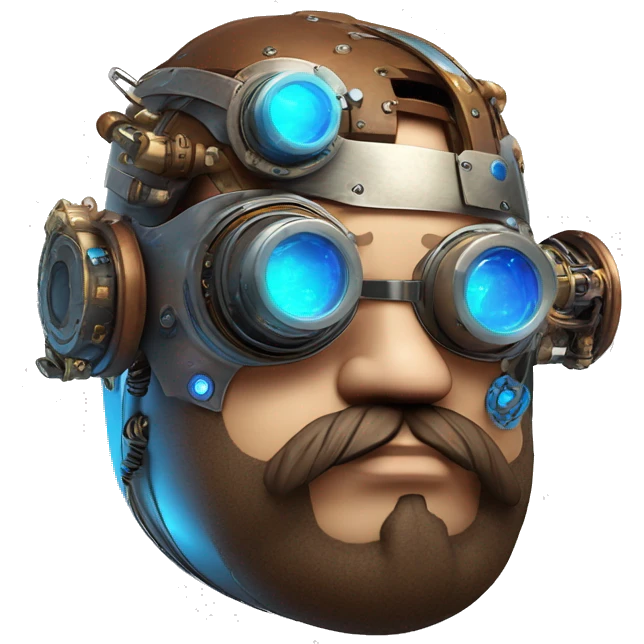 Fat cyborg head with blue steampunk goggles, brown beard and circuits emoji