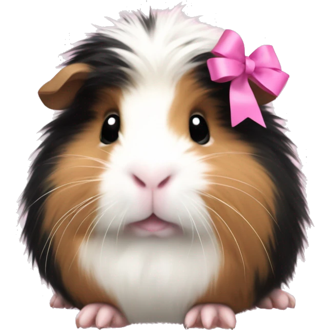 fluffy guinea pig with black white and tan fur wearing pink bow emoji
