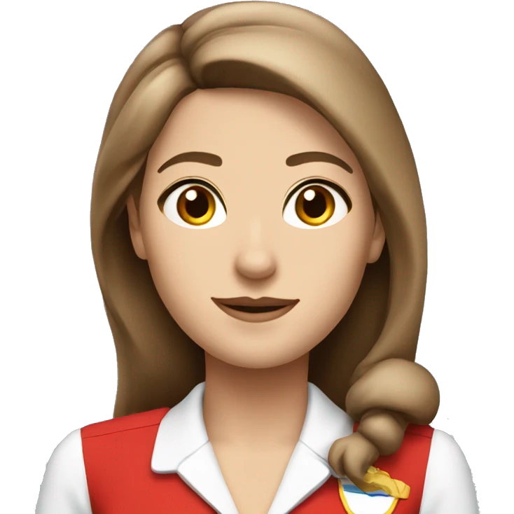 White stewardess in red uniform with long brown hair and brown eyes emoji