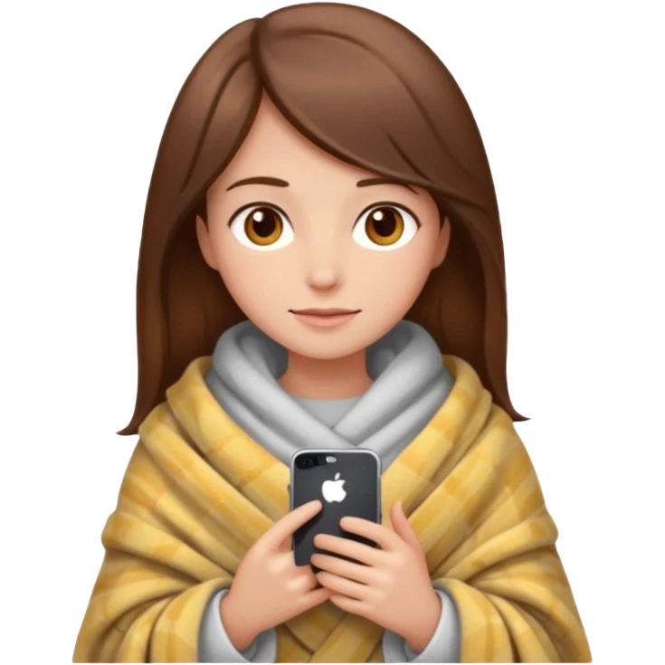 создай девушку с телефоном в руках (айфон) в стиле Emoji  iOS. 
У девушки длинные коричневые волосы, карие глаза, она сама светлая кожа, без макияжы, сидилит укутавшись в плед emoji