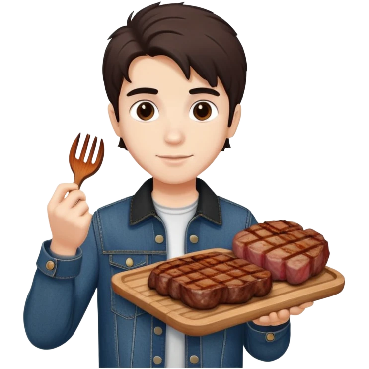 Turkish beautiful finish Konya boy white skin and good hair and brown eyes with black and denim clothes and had on his hand grilled meat emoji
