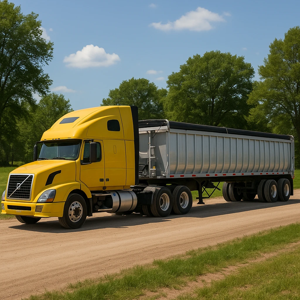 photorealistic Volvo yellow semi sleeper truck with a long silver end dump trailer, not in dumping position, side view, driving left down a dirt road with trees and grassy fields, sunny day emoji