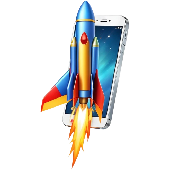 Smartphone with rocket boosters launching upward emoji