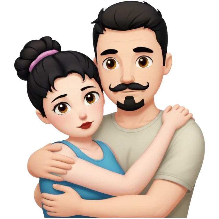 Tall strong white man with dark brown mustache goatee hugging a chubby short pale woman with messy black hair bun emoji