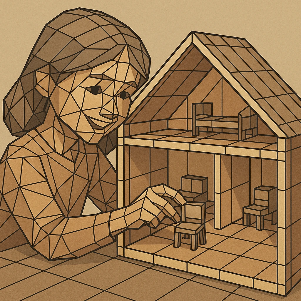 smiling girl arranging furniture in doll house emoji