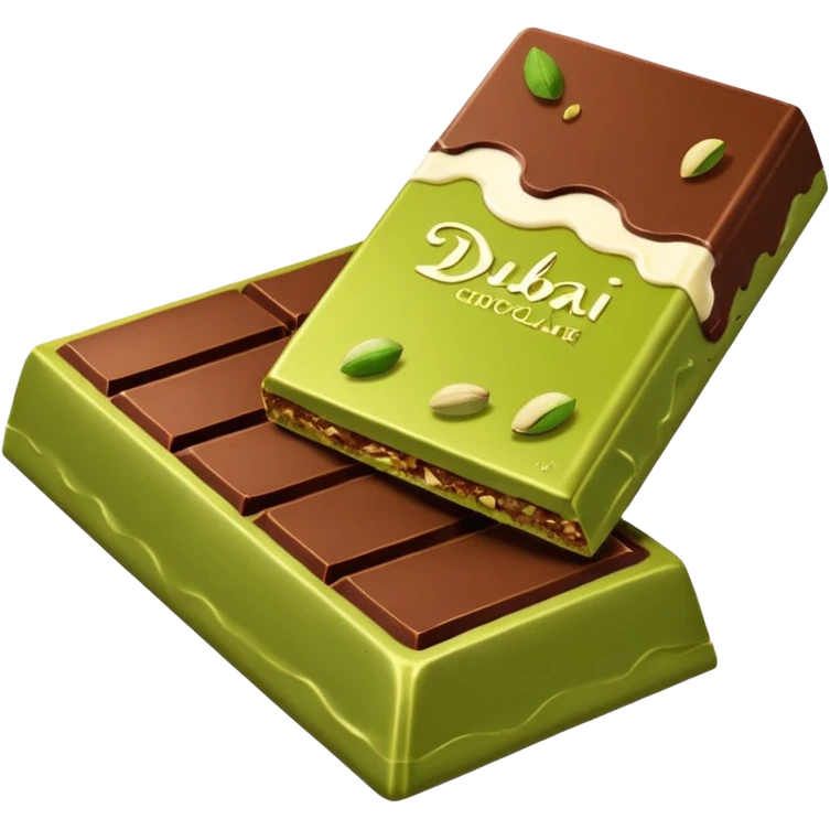 a dubai chocolate bar broken in half with pistachio and kataif paste coming out of it emoji