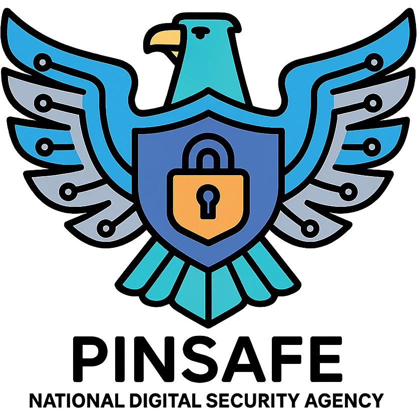 modern abstract eagle with wings shaped like circuit boards, representing Pinsafe national digital security agency, professional design with hints of blue and silver, including shield and lock motif emoji