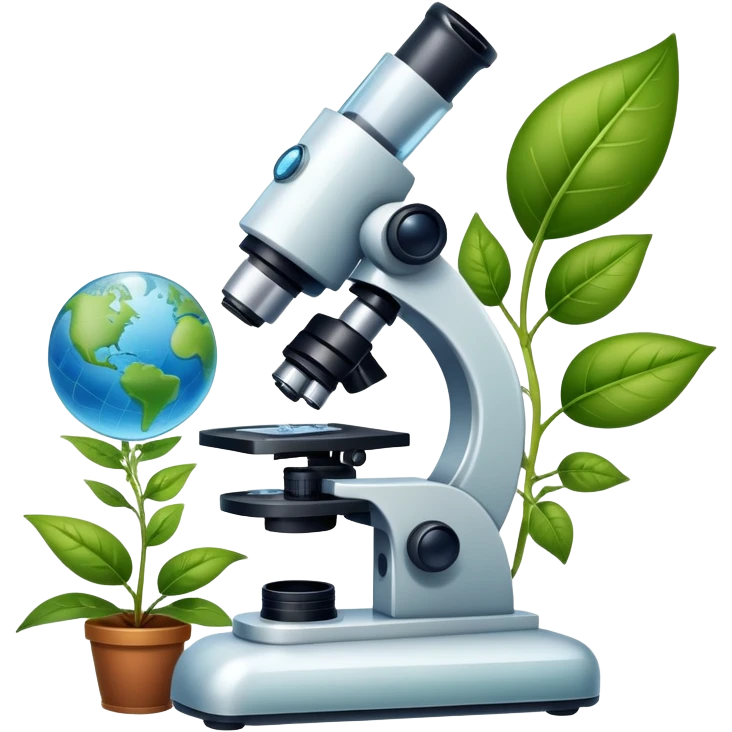 An icon featuring a microscope, a DNA strand, and plant leaves, symbolizing biology. The design includes cells, a test tube with a plant sample, and a globe, representing life sciences, ecosystems, and the study of organisms. Transparent background highlights the exploration of living systems. emoji