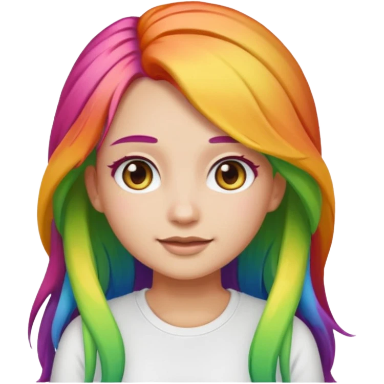 girl emoji with long rainbow hair, she's wearing a white top and has light olive skin  emoji