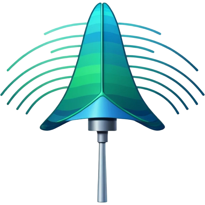 Minimalist emoji-style sticker of an old-school antenna with distorted, glitched signal waves. Clean icon style. emoji