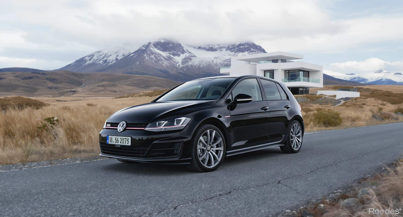 black Golf 4 with, in background is modern huge two flors white villa, in distance are iceland mountains, rule of thirds, shot on gopro hero, noise camera emoji