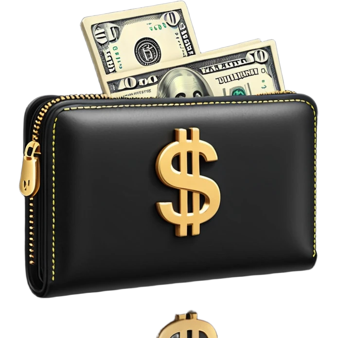 Rich emoji style black leather wallet with dollar bills, luxury money vibe, premium 3D emoji, ultra clean, high detail, no background
 emoji