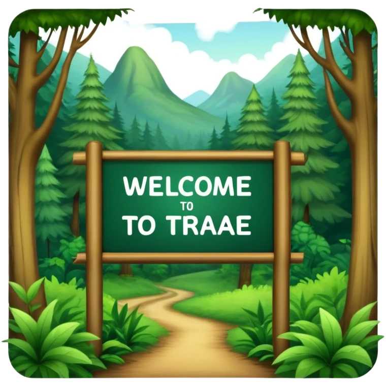 A sign that says “Welcome to Htrae” with a lush forest in the background emoji