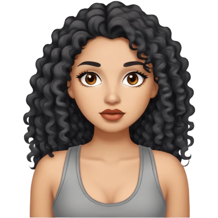 light brown skin tone, very beautiful woman, with big plump lips, long long lashes, black curly long hair, brown eyes, grey tank top emoji