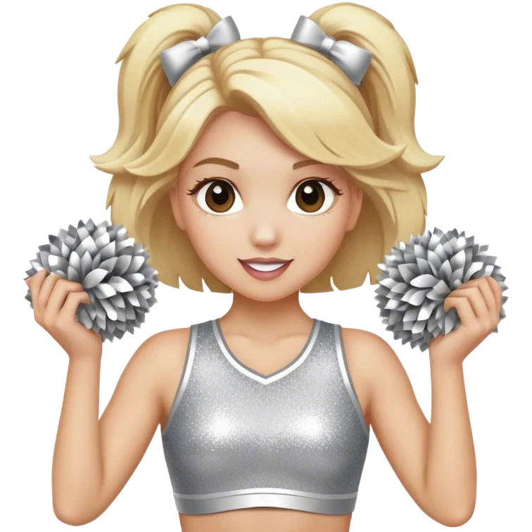 Cheerleader with blonde hair down holding Pom Pom’s wearing all silver and glitter emoji