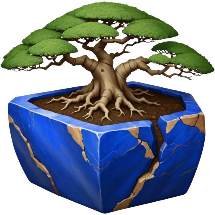 Aged two toned lapis blue terracotta Roots Stoneware akadama moss on soil irregular angular Stone Age rocks cracked crags and broken rough edges forming a very shallow Yixing bonsai pot emoji