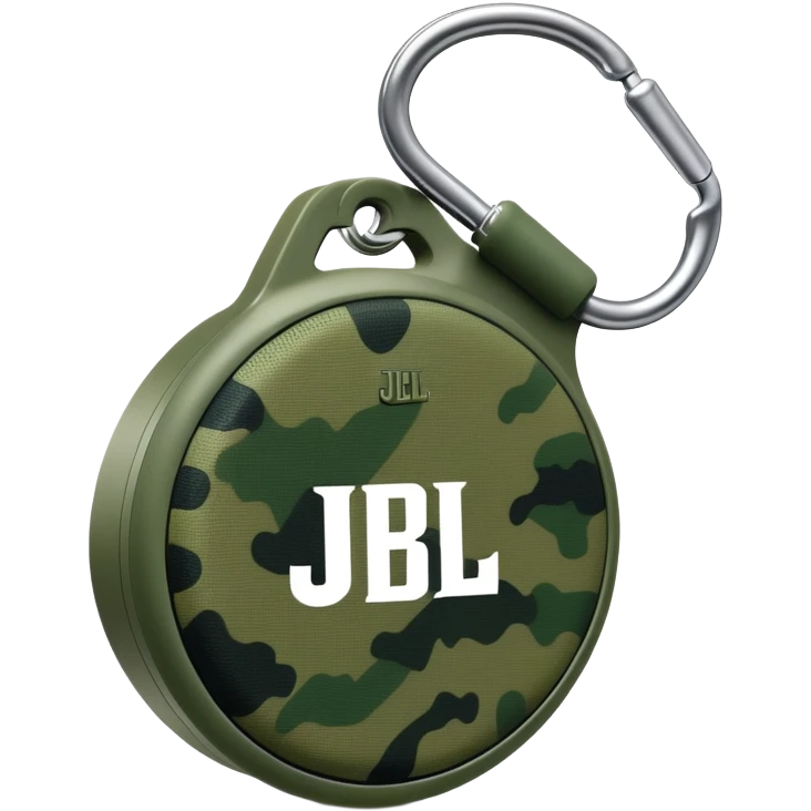 Super simplified JBL Clip 4, basic round speaker with hook, minimal green camouflage pattern, clear JBL logo, iOS emoji style emoji