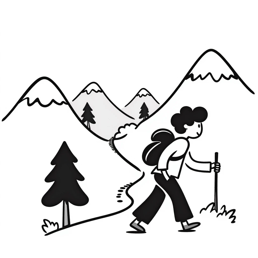 person hiking down one mountain and then climbing up another mountain, showing mountain valley between emoji