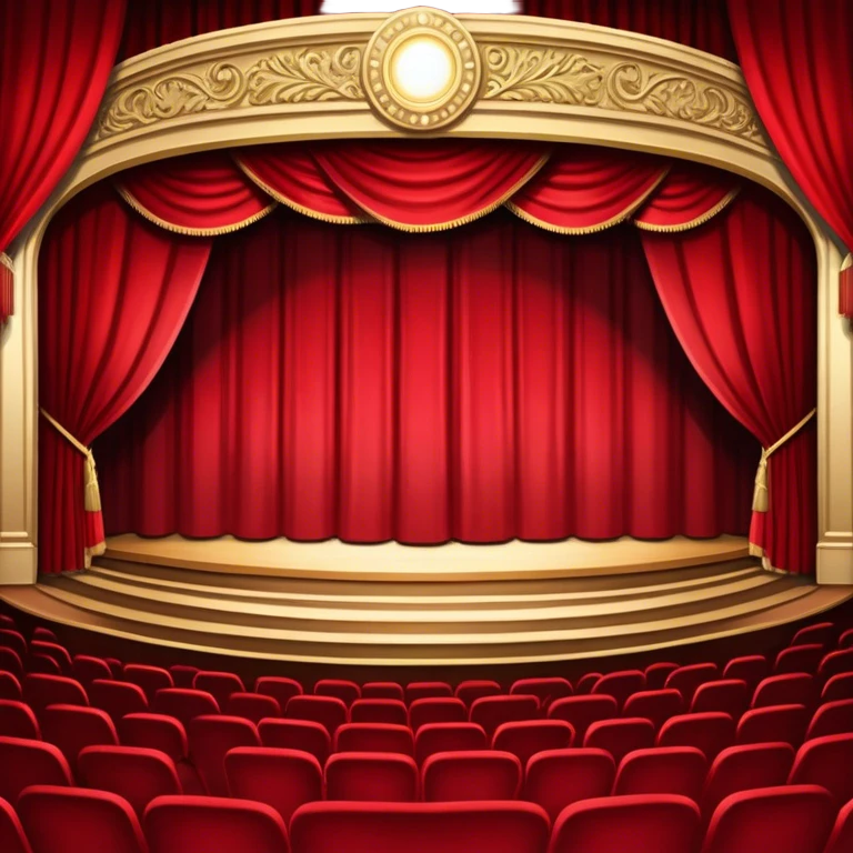 An icon depicting a grand theater stage with heavy curtains, spotlight shining on the performers, and an audience eagerly watching. The scene conveys the drama and excitement of live performances, with dramatic lighting and atmosphere. transparent background. emoji