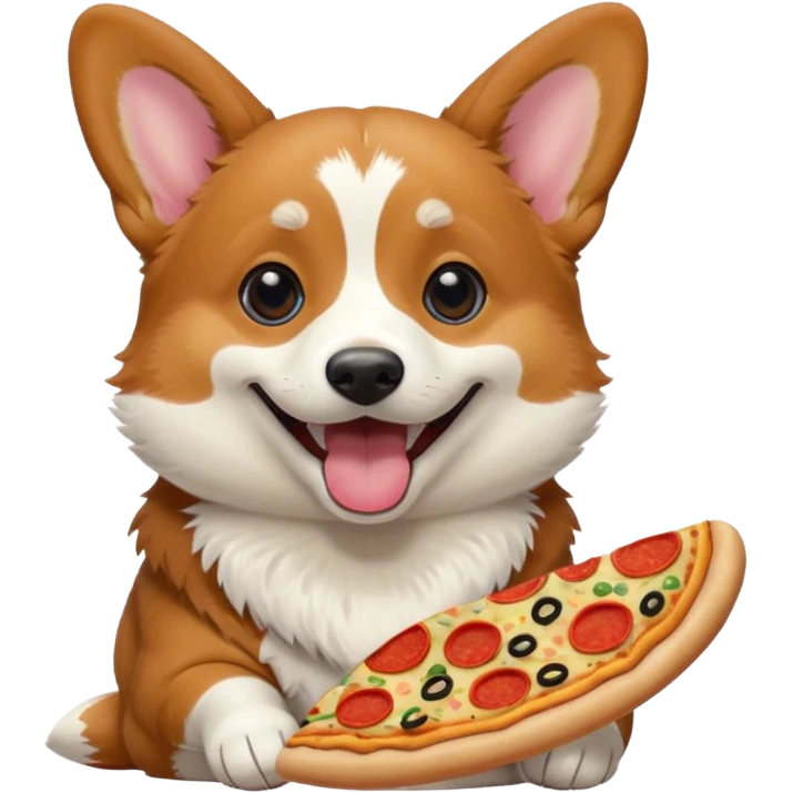 black tri-color corgi eating pizza emoji
