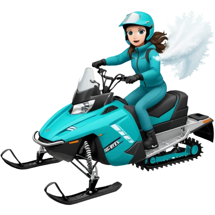 Can you create an emoji of a brunette girl on a teal polaris khaos 850 155 snowmobile doing a wheelie with snow flying emoji