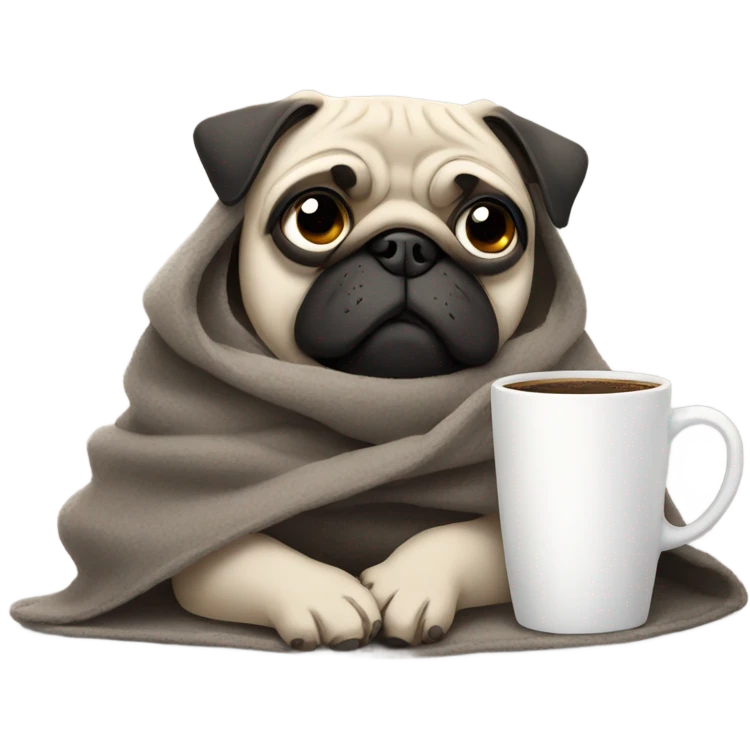 Sad dog pug in a gray blanket with a cup of coffee emoji