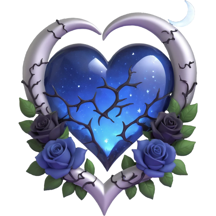 gothic heart, midnight blue glass, silver crescent moon, black roses, stardust, lightning, rain, cracked glass, crystal style emoji