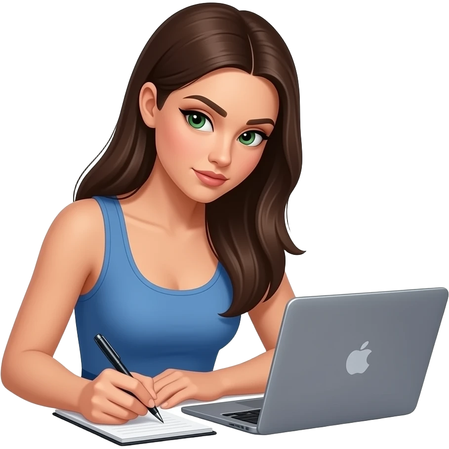 a brunette with long straight hair with green eyes writing down notes with a lot of pieces of paper around her scattered everywhere on the table (at least 5 pieces of paper in a very disorganized way and a laptop in front of her and shes very focused) and she has a blue skims top emoji