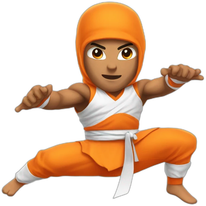 male Ninja Warrior athlete in orange white cloths, captured mid-air emoji