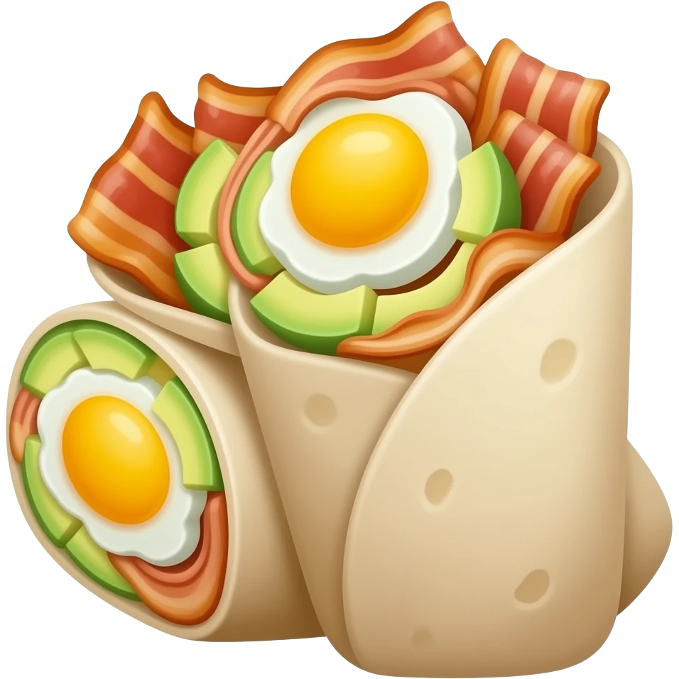 breakfast burrito cut in half in 2 pieces with eggs, avocado, bacon inside. emoji
