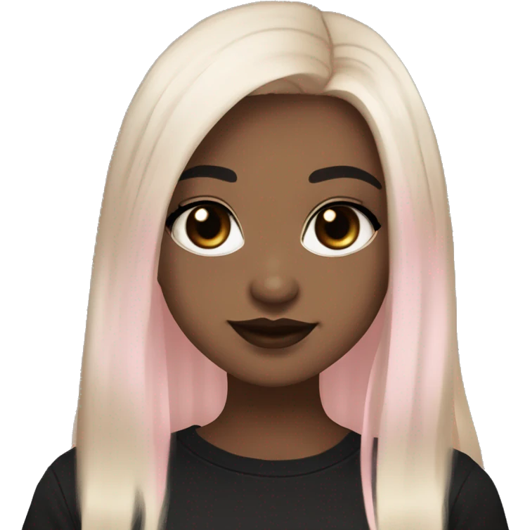 Slavic girl, goth eyes makeup, pink beige lips, brown eyes, long black-to-blonde ombre straight hair, black T-shirt, chibi, smiling. emoji