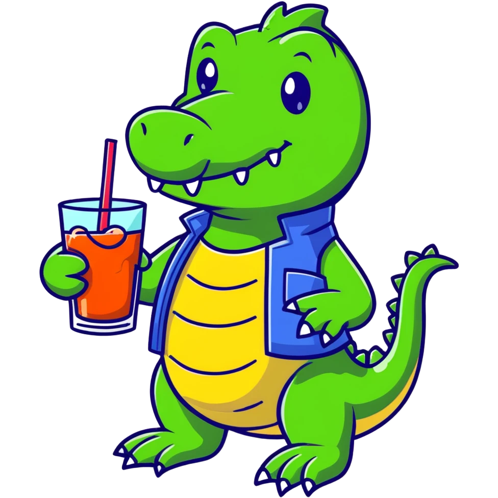 Friendly cartoon crocodile bartender making a Bombardino drink, cute character emoji