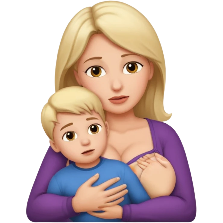 A mother holds her son's face against her large breasts emoji